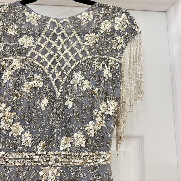 Mac Duggal 4908 HIGH NECK SLEEVELESS BEADED FRINGE FITTED GOWN Platinum Gold - Picture 6 of 10